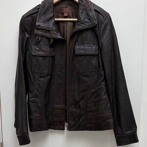 Vintage Dark Brown Leather Wm Jacket with Multiple Pockets